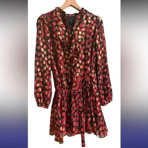 SALONI Scarlet Daisy Tilly Red Gold Black Shimmer Ruffle Mini C Dress Size 0 - Picture 12 of 16